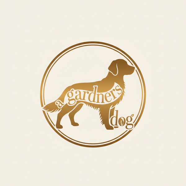A logo in the shape of a golden retriver with "a gardners dog" incorporated into the design